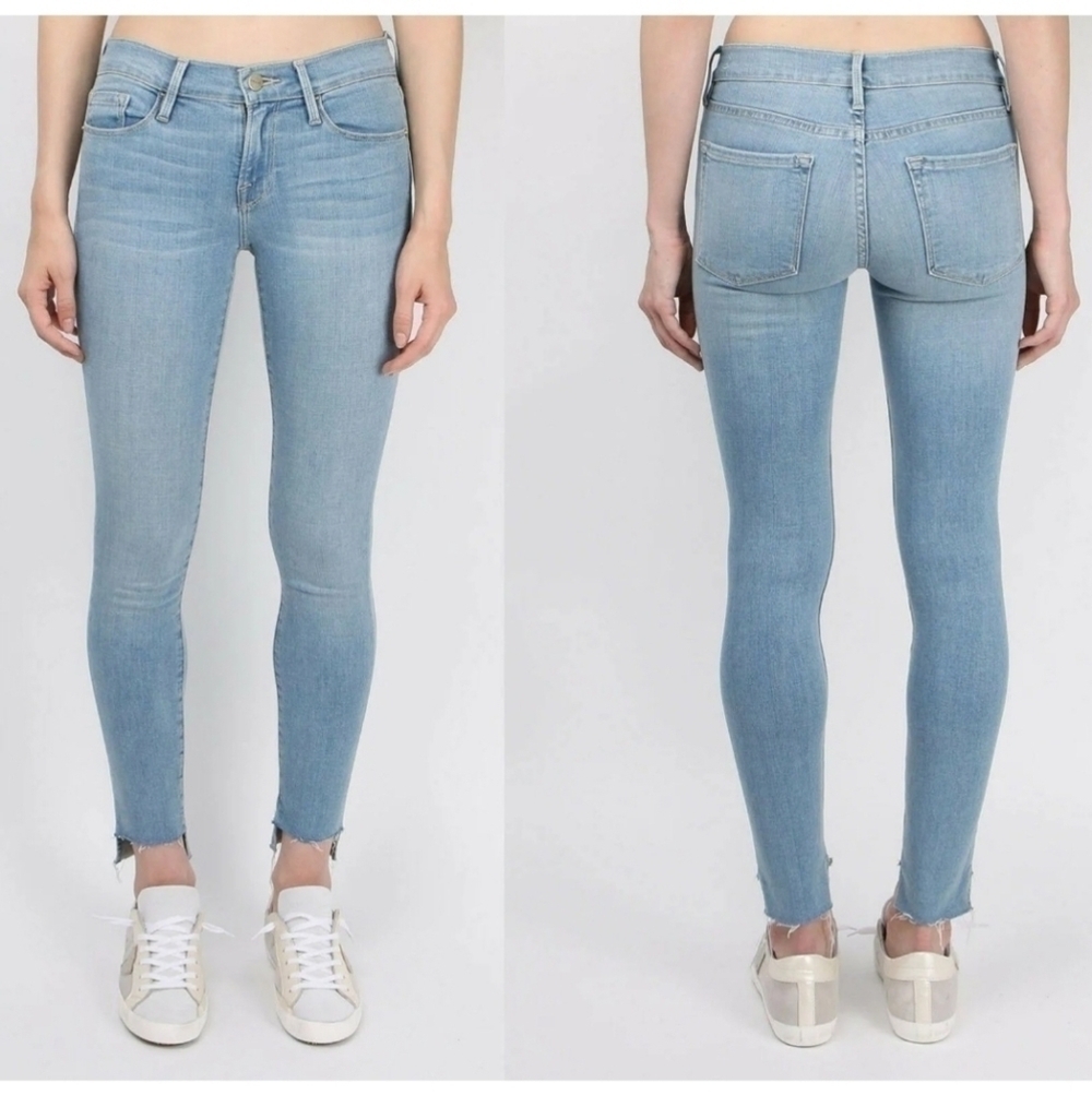 FRAME DENIM LE SKINNY DE JEANNE TWO STEPS FRAYED HEM ANTIBES JEAN, SIZE 24